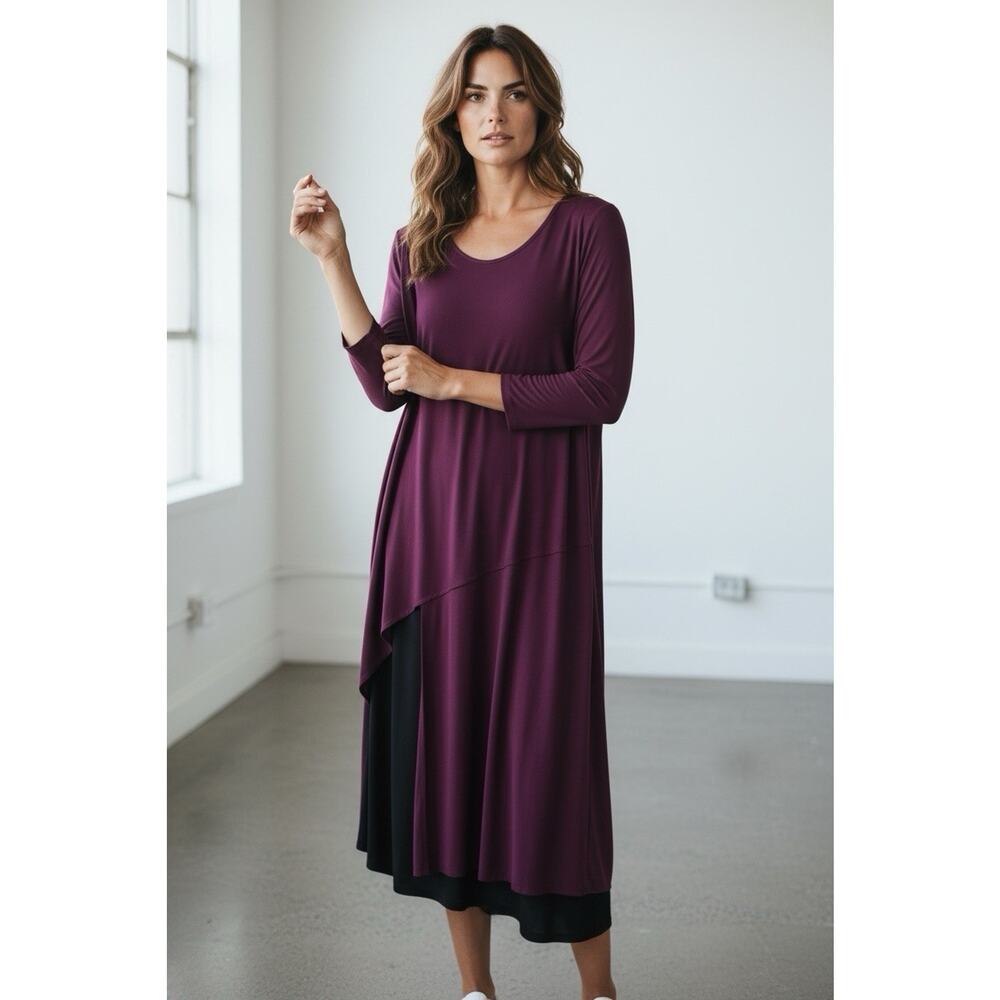Sun Kim Tunic Dress Long Sleeve Asymmetrical Lagenlook Eggplant Size Medium